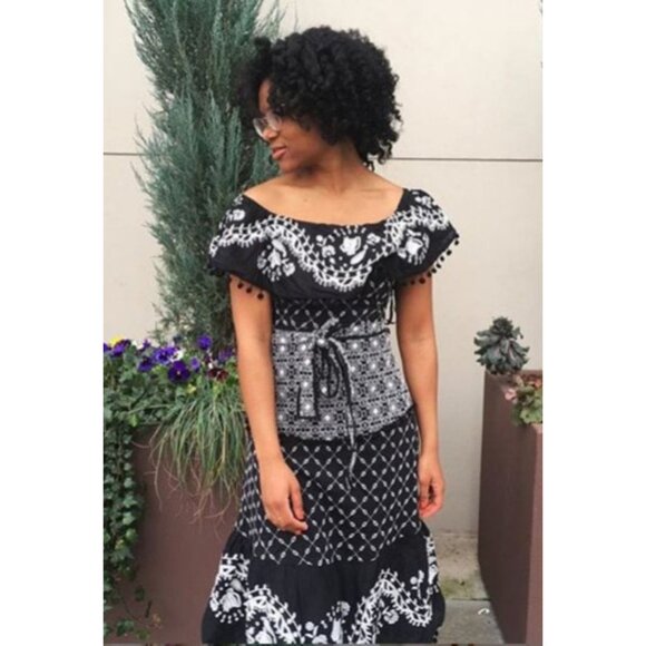 by Anthropologie Marisol Off-Shoulder Embroidered Midi Dress Black Fit & Flare 6 - Picture 2 of 16